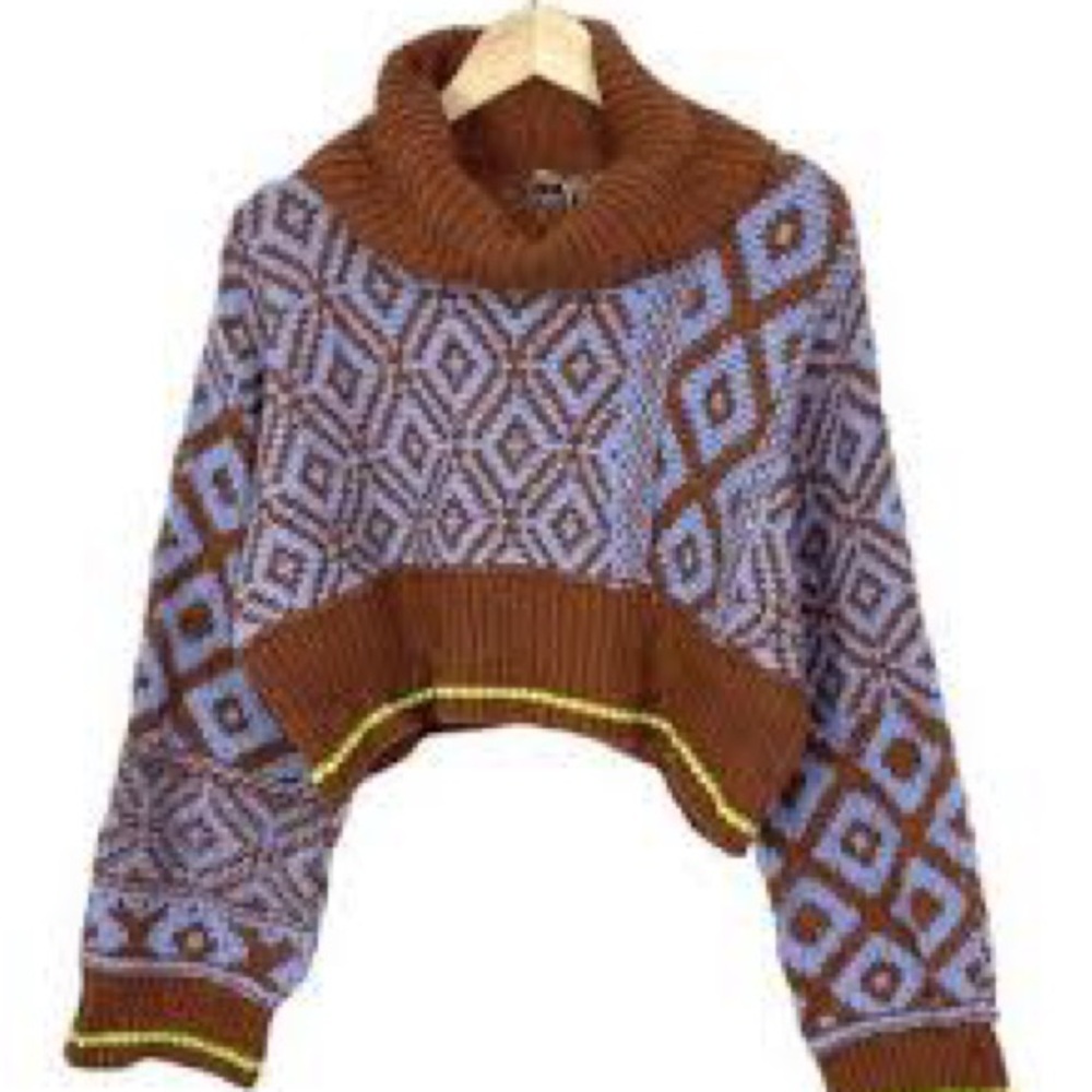 Free People size small Geometric Patterned Brown and Blue Sweater